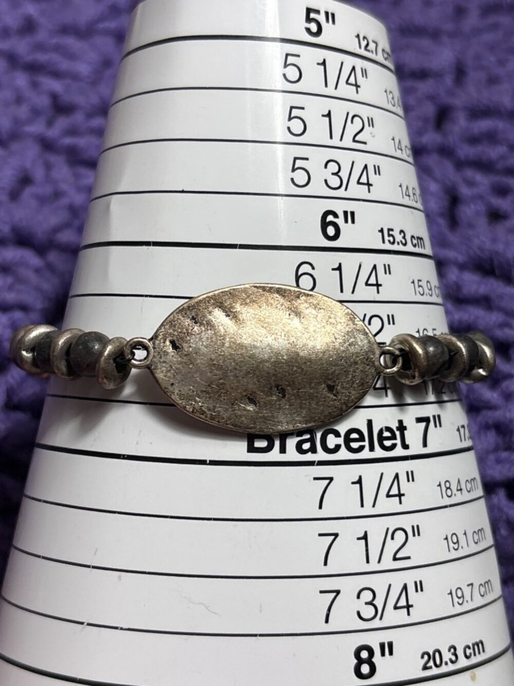 Vintage Grey Black Stone Beaded Bracelet Hammered Silvertone 6.5 inches Long
